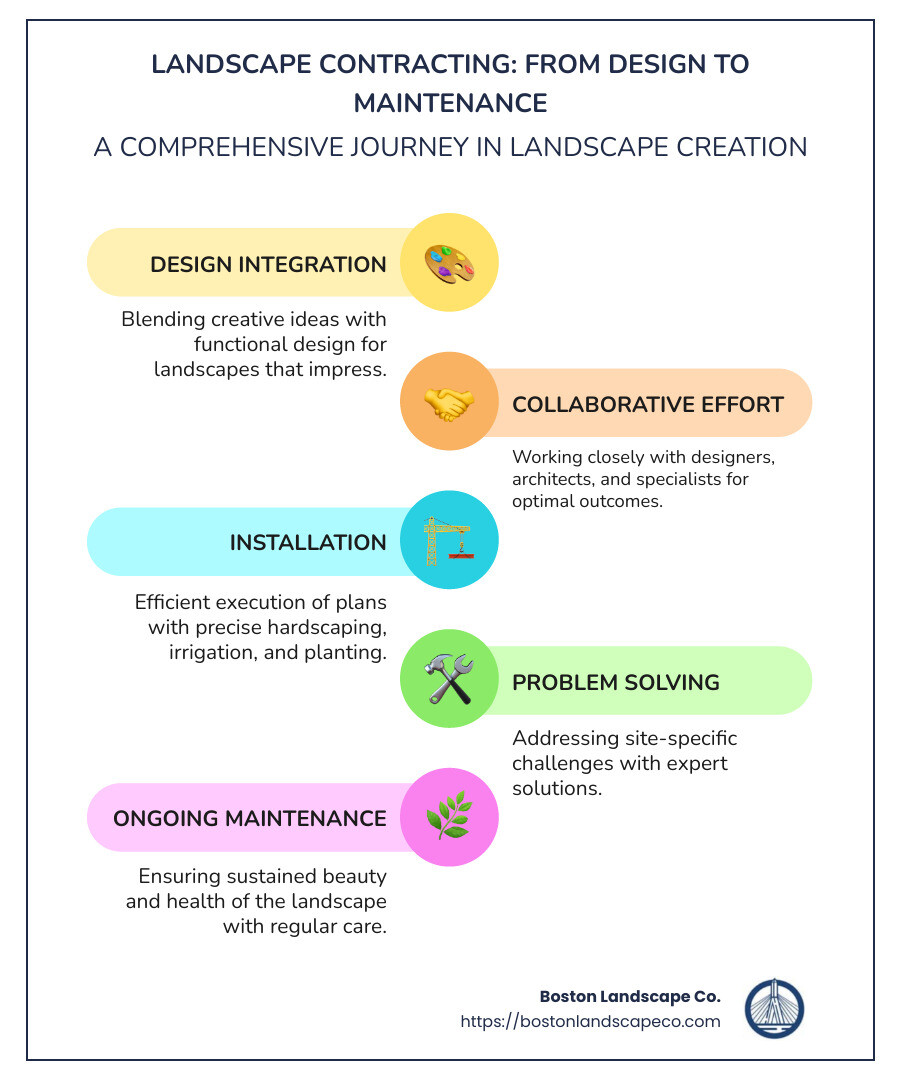 Detailed overview of the landscape contracting process from design to maintenance - landscape contracting infographic infographic-line-5-steps-colors