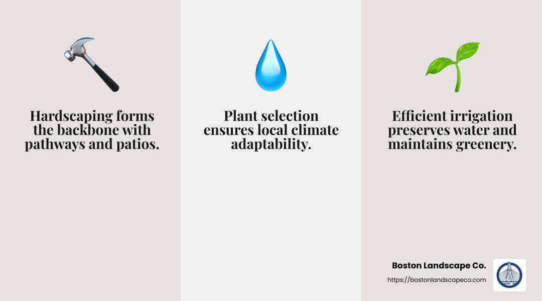 The landscape installation process involves various stages, from site preparation to planting and irrigation. Source: Boston Landscape Co. - landscape contracting infographic 3_facts_emoji_grey