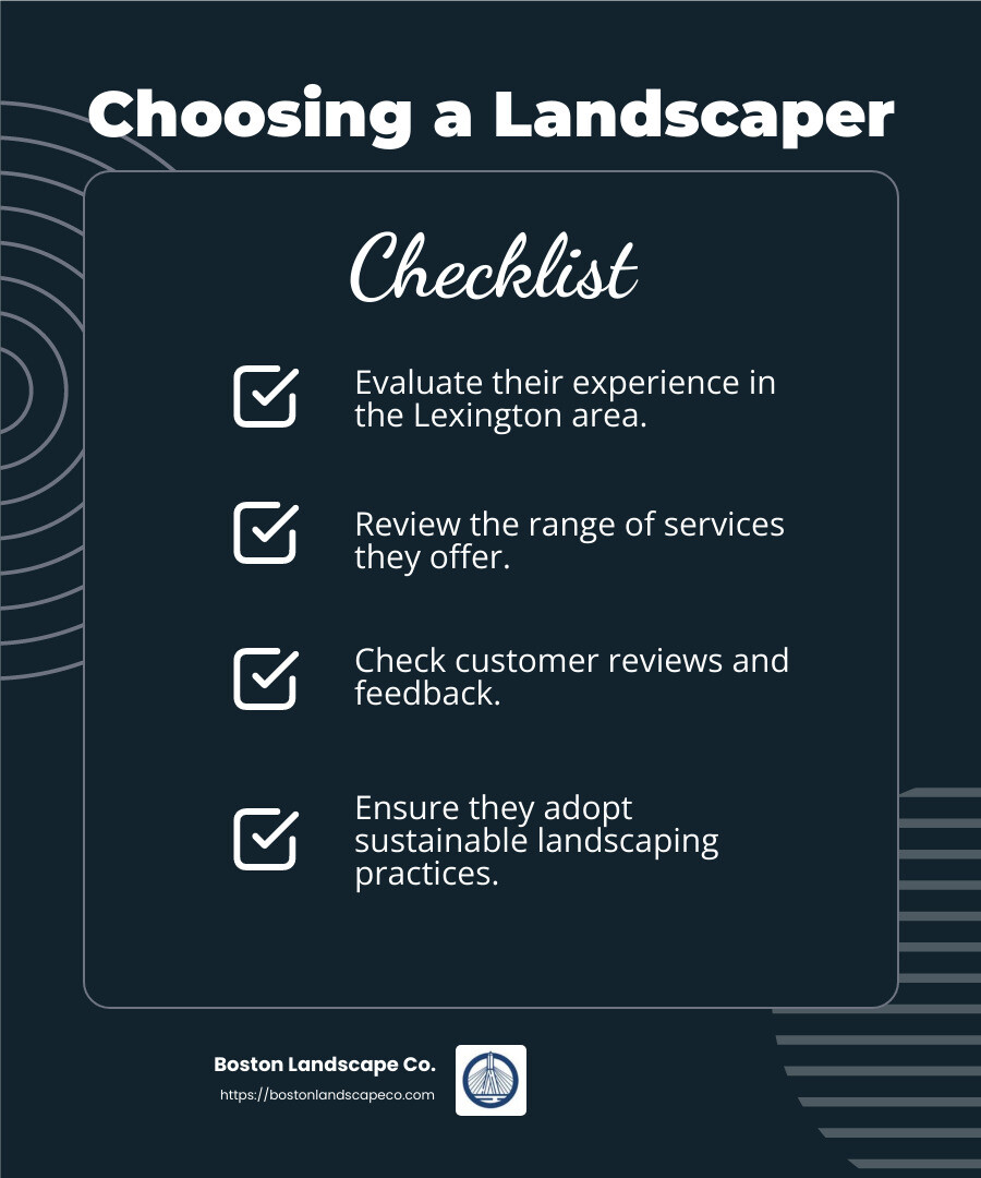 A simple infographic showing the steps to choose a trusted landscaping provider in Lexington, MA, focusing on factors like experience, services offered, customer reviews, and sustainable practices - landscaping lexington ma infographic checklist-dark-blue