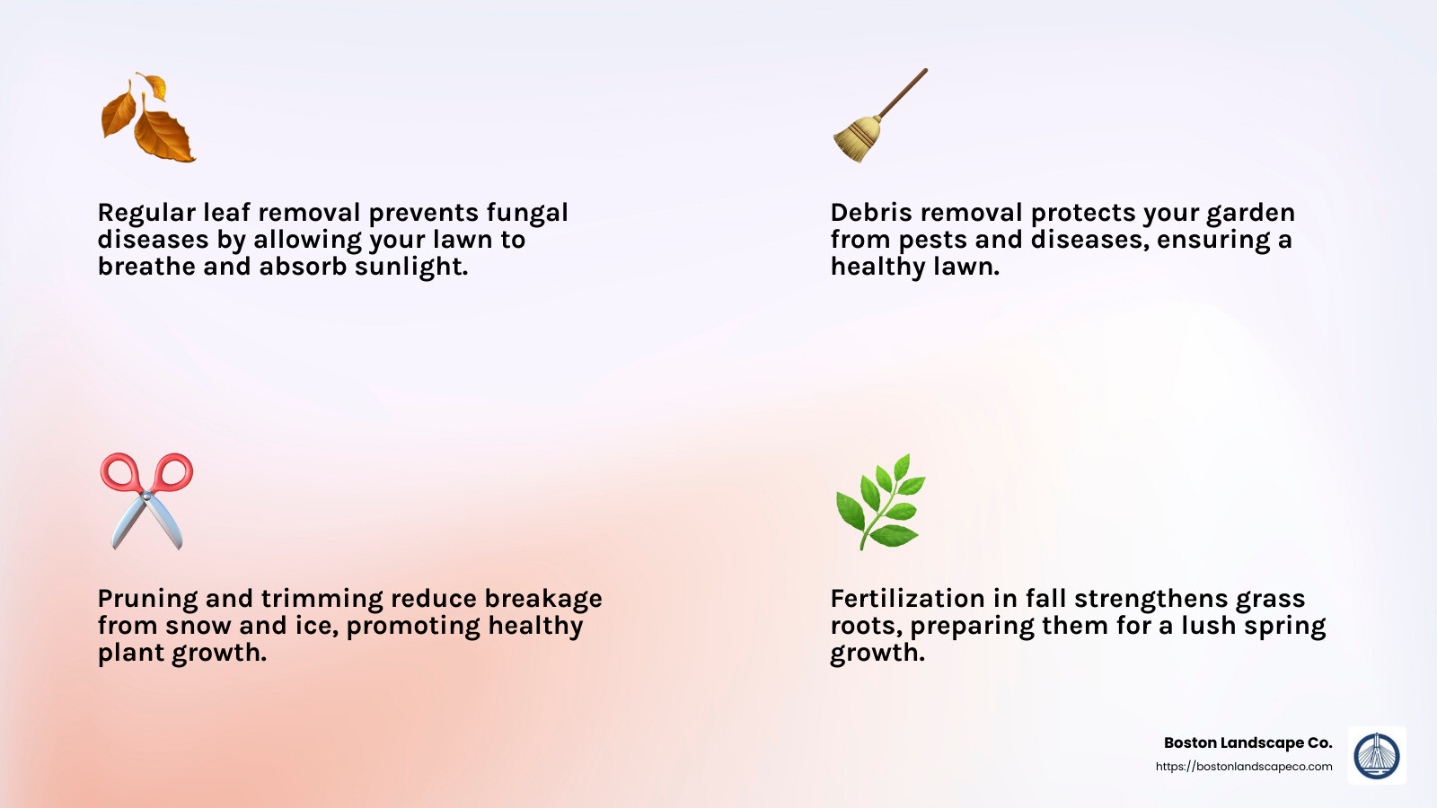 Infographic showing the benefits of fall cleanup services - Fall Cleanup Lexington MA infographic 4_facts_emoji_light-gradient