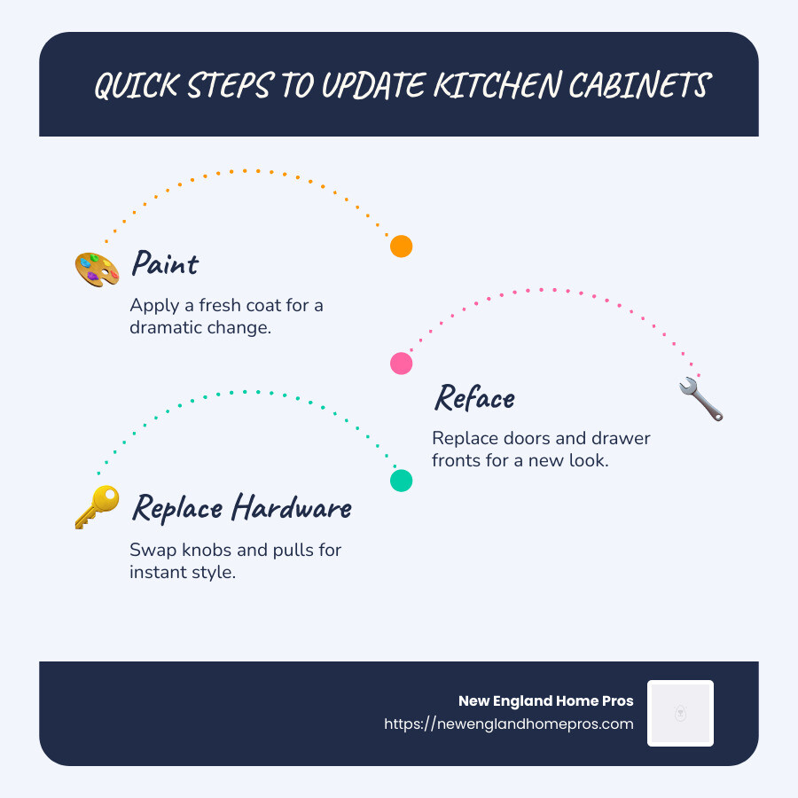 infographic with steps for updating kitchen cabinets, including painting, replacing hardware, and adding lighting, using simple icons to illustrate each step - updating kitchen cabinets infographic infographic-line-3-steps-blues-accent_colors