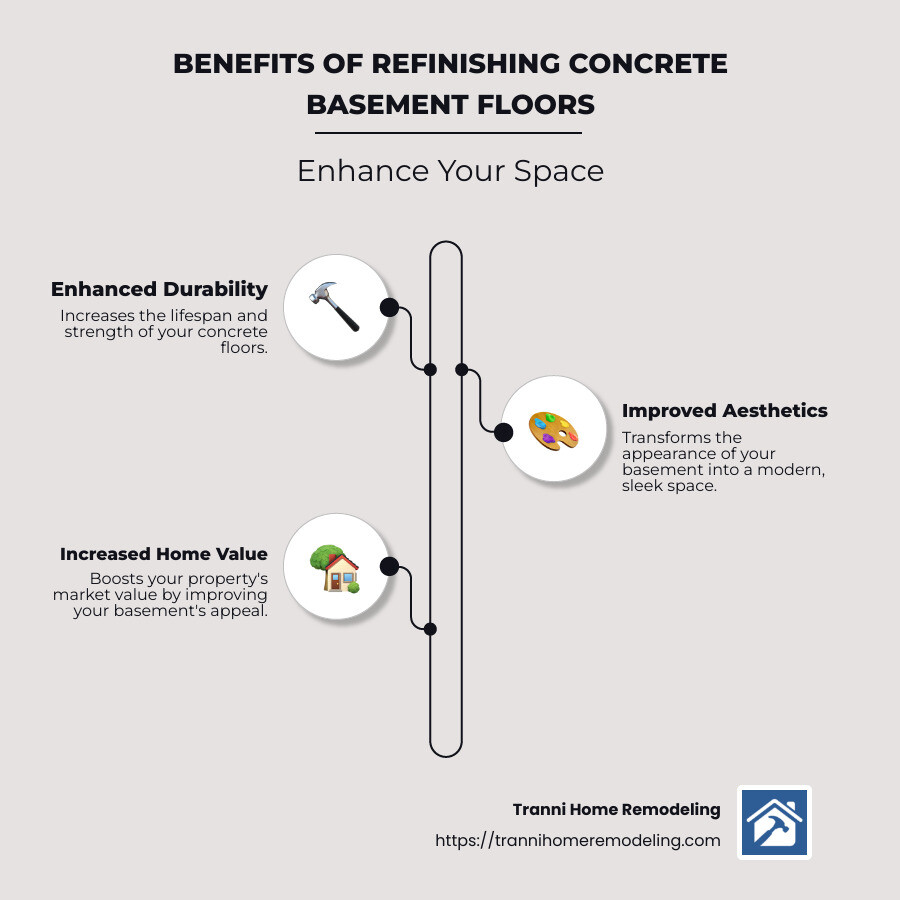 Benefits of refinishing concrete basement floors infographic: improved durability, improved aesthetics, increased home value, easy maintenance - refinish concrete basement floor infographic infographic-line-3-steps-neat_beige