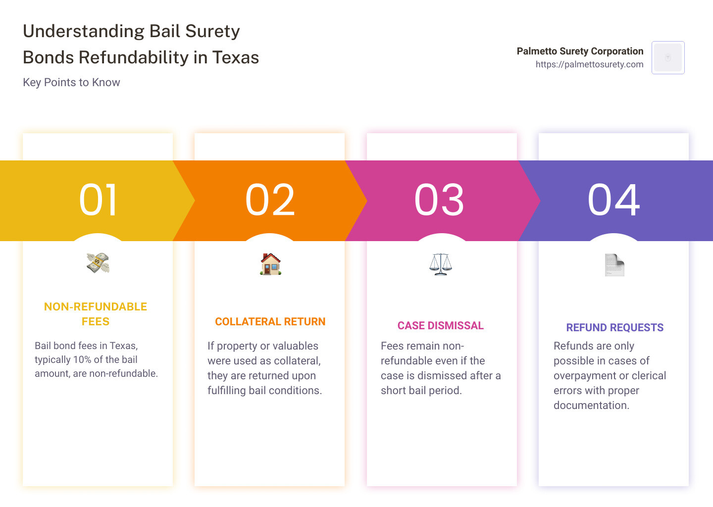 Texas bail surety bonds: understanding refund policies 1 Infographic detailing the refundability of bail surety bonds in texas, including clear distinctions between non-refundable bail bond fees and returnable collateral, with easy to understand visuals illustrating the process for both elements - are bail surety bonds refundable in texas infographic pillar-4-steps