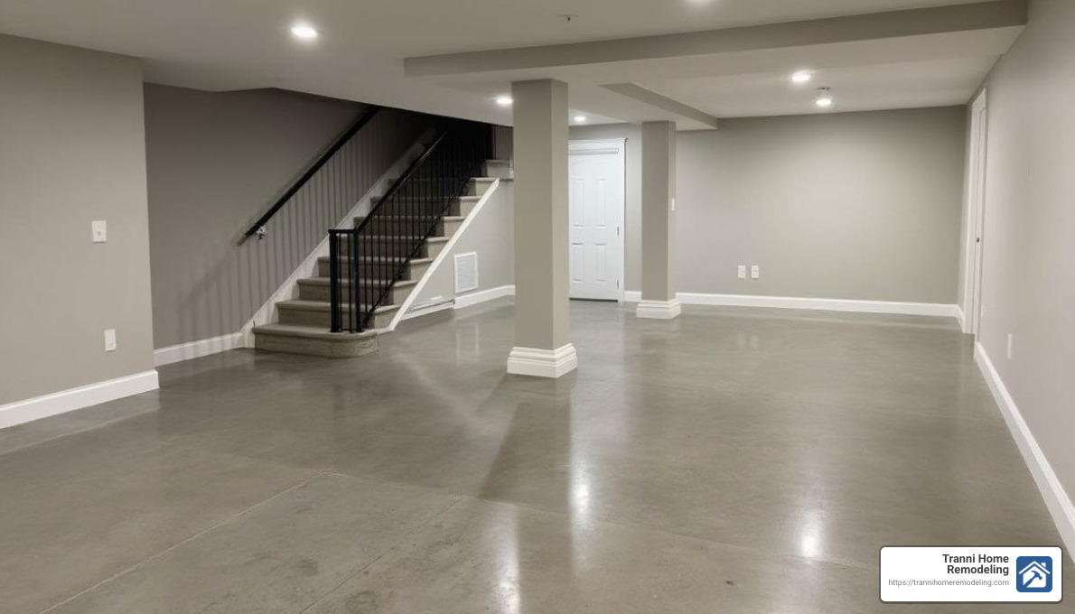 Improved appearance of a refinished concrete floor - refinish concrete basement floor