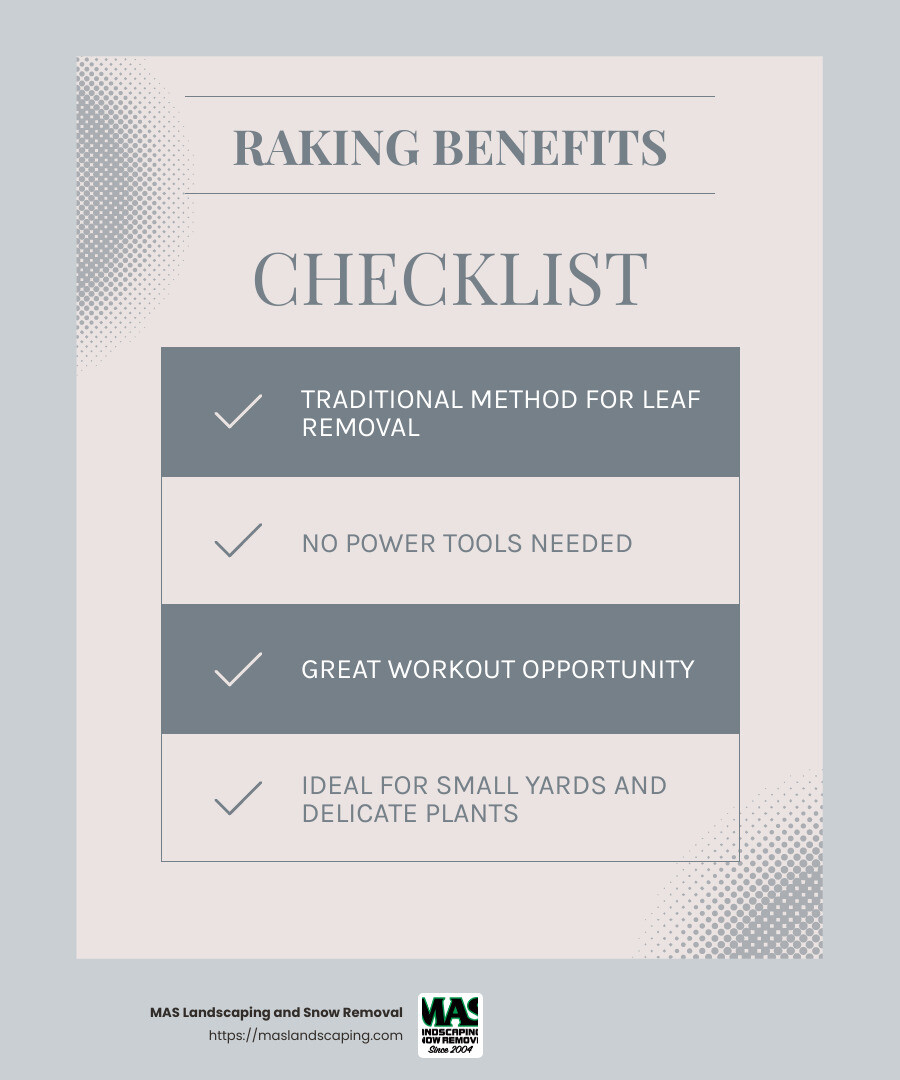 Raking is a cost-effective method, perfect for small yards and detailed work. - fall leaf clean up near me infographic checklist-light-blue-grey