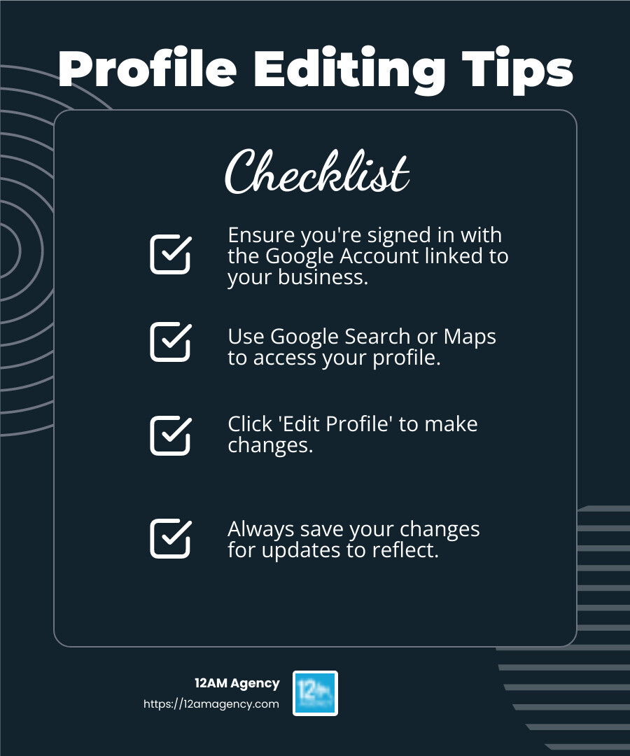 Editing your business profile can boost visibility and customer trust. - how do i manage my google business page infographic checklist-dark-blue
