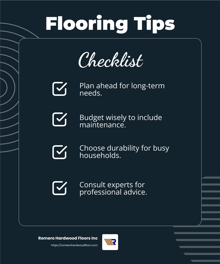 Romero Hardwood Floors Inc has been enhancing homes with quality installations since 2006. - flooring and installation infographic checklist-dark-blue