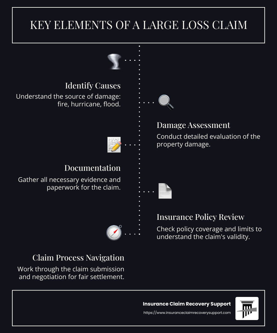Infographic showing key elements of a large loss claim including causes, types of damage, and essential steps in the insurance claim process - what is a large loss claim infographic infographic-line-5-steps-dark