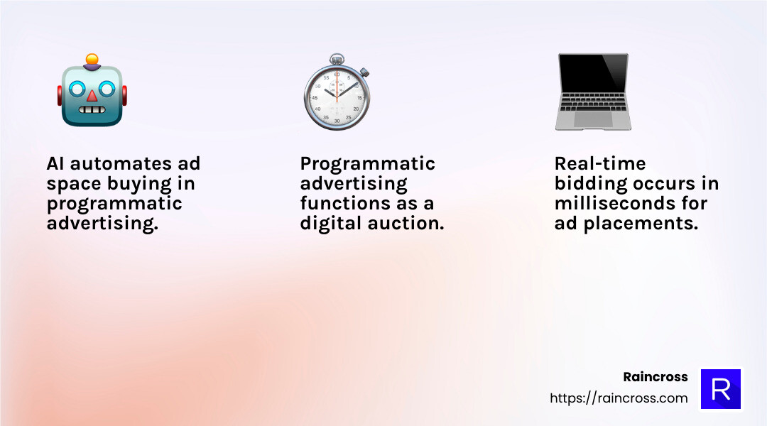 Programmatic advertising uses AI and algorithms for real-time bidding. - media buyer infographic 3_facts_emoji_light-gradient Programmatic advertising uses AI and algorithms for real-time bidding. - media buyer infographic 3_facts_emoji_light-gradient