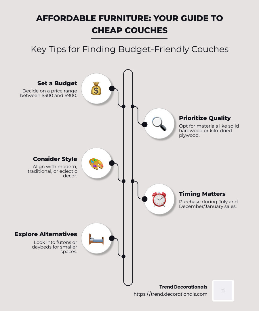 Infographic highlighting key points about affordable couches including price range, quality materials, and best buying times, with simple icons and brief descriptions. - cheap couches infographic infographic-line-5-steps-neat_beige