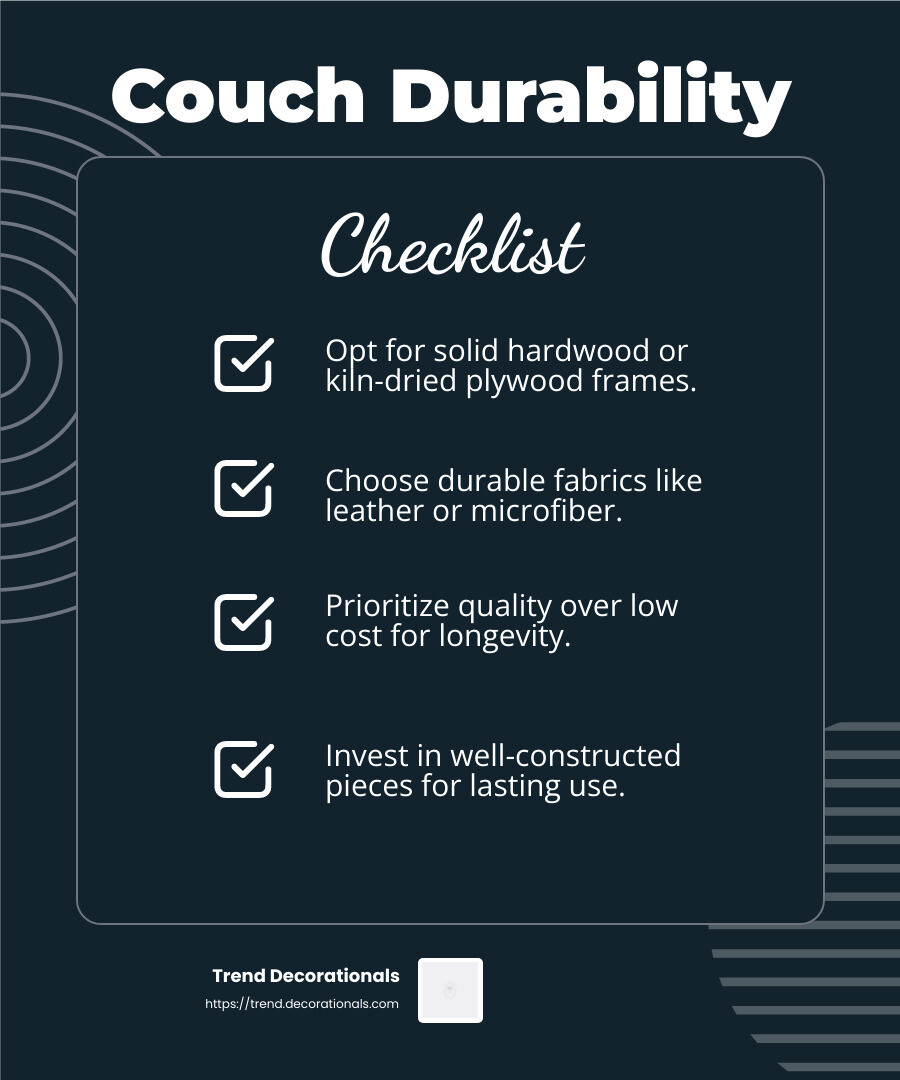 High-quality materials like solid hardwood or kiln-dried plywood improve durability - cheap couches infographic checklist-dark-blue