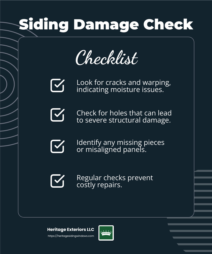 Cracks and holes in siding can lead to moisture damage. - home siding replacement infographic checklist-dark-blue
