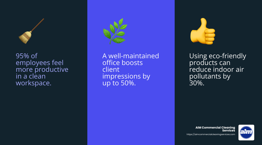 AIM Commercial Cleaning Services provides comprehensive solutions that prioritize client satisfaction and service excellence. - office business cleaning services infographic 3_facts_emoji_blue