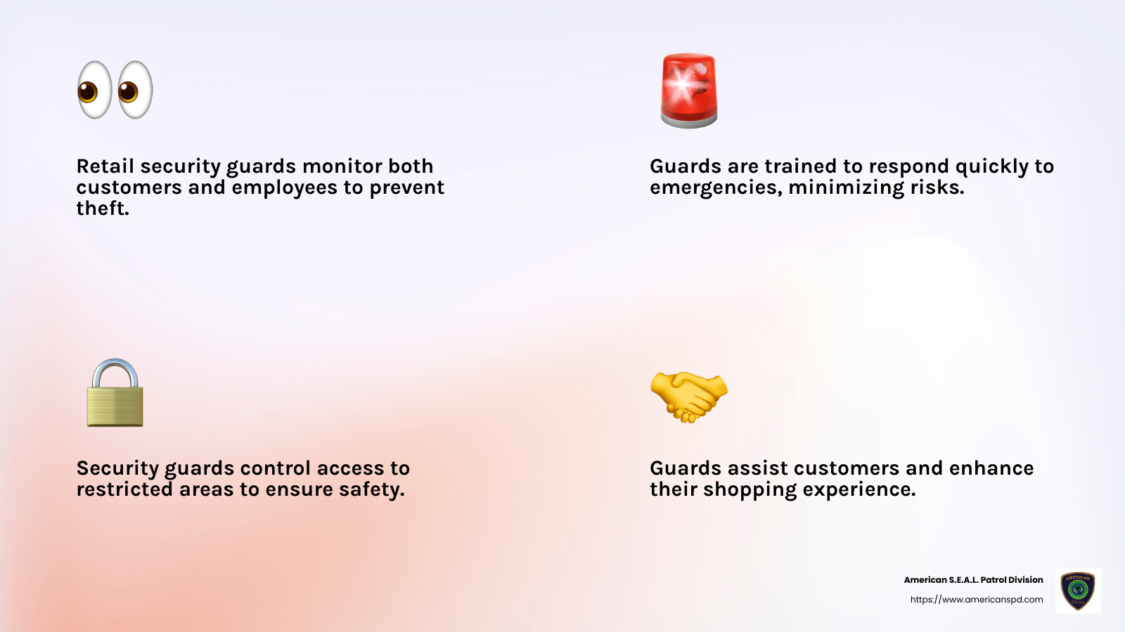 Securing Retail Spaces: An Informative Guide to Security Guard Services 2 Retail security guards contribute to both safety and customer service. - Retail security guard services infographic 4_facts_emoji_light-gradient