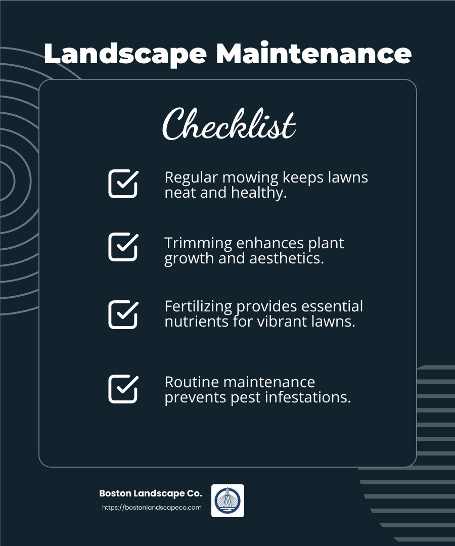 Routine maintenance tasks keep landscapes looking pristine - commercial landscape companies infographic checklist-dark-blue