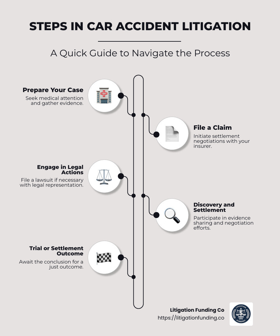 Infographic showing steps in car accident litigation: preparation, insurance claim, legal actions, findy and settlement phase, trial or settlement outcome - litigation for car accident infographic infographic-line-5-steps-neat_beige