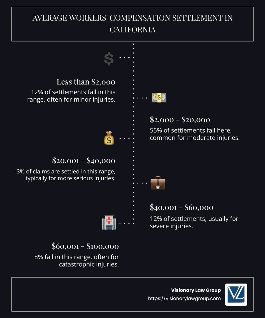 Average Workers' Compensation Settlement Infographic detailing percentage distribution across various settlement ranges - average workers compensation settlement california infographic infographic-line-5-steps-dark