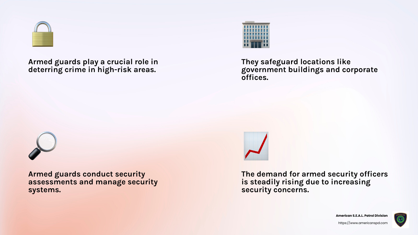 Guard Your Future: Explore Lucrative Armed Guard Positions 2 Armed security guards deter potential threats and provide peace of mind for communities and businesses. - armed guard positions infographic 4_facts_emoji_light-gradient