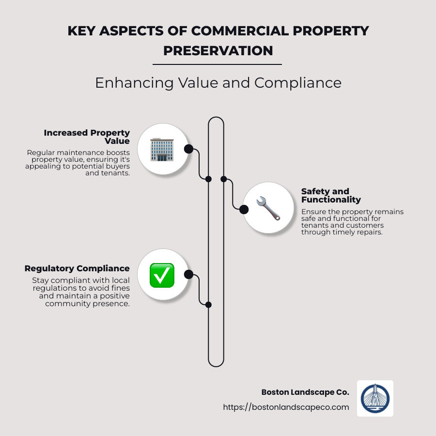 A well-maintained commercial property showcases increased value, tenant satisfaction, and regulatory compliance benefits - preservation - commercial infographic infographic-line-3-steps-neat_beige