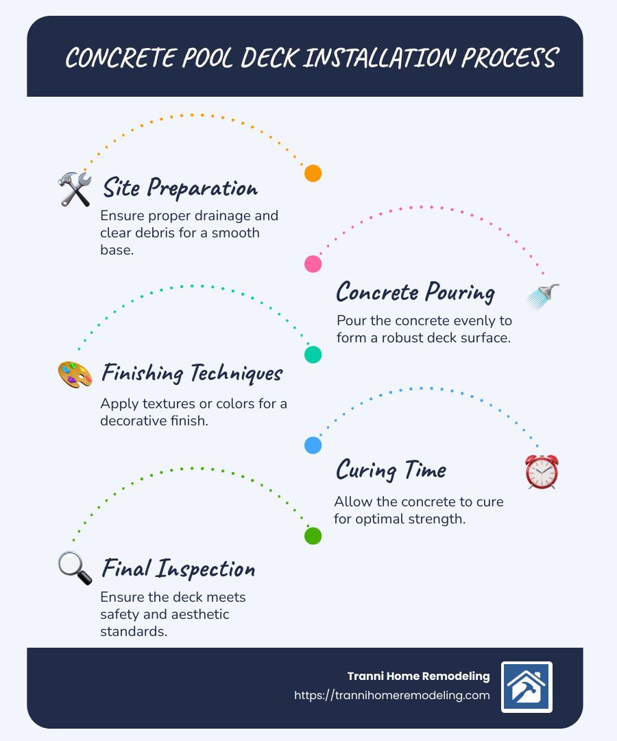 Infographic showing benefits and steps for concrete pool deck installation - concrete pool deck installation near me infographic infographic-line-5-steps-blues-accent_colors