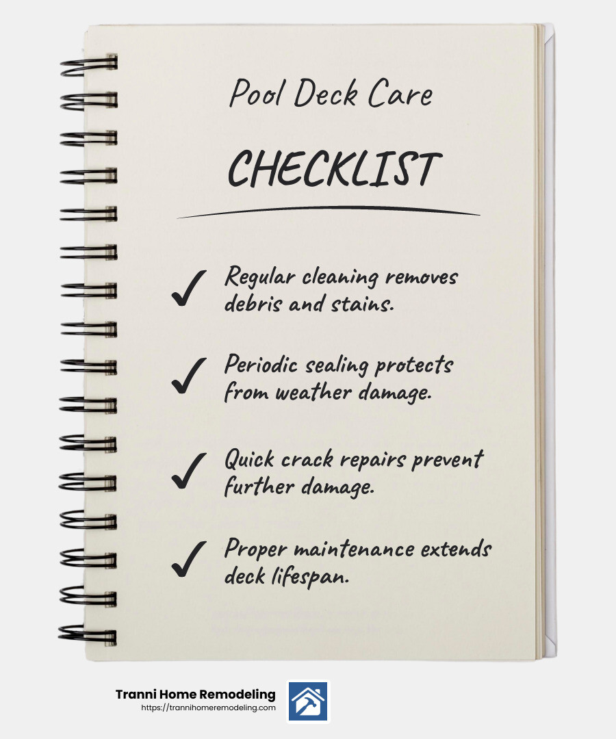 Concrete pool decks are durable and can last decades with proper care and maintenance. - concrete pool deck installation near me infographic checklist-notebook