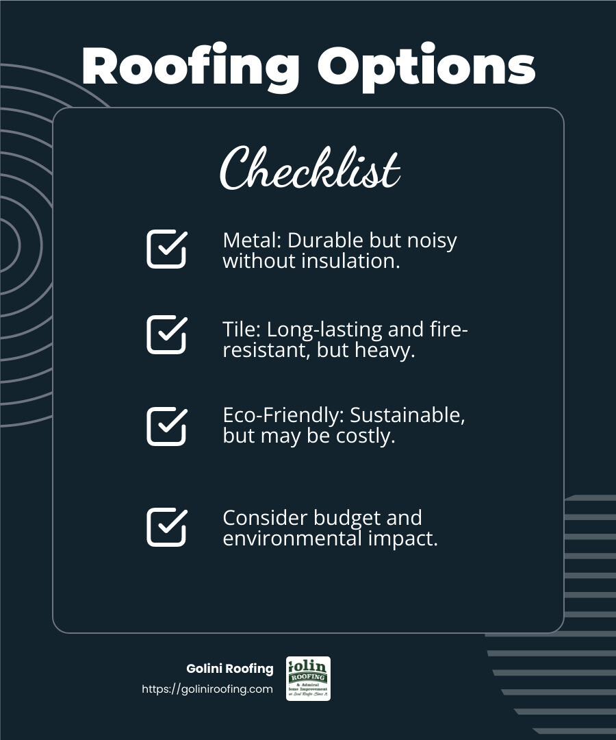 Benefits and Drawbacks of Roofing Options - Roofing infographic checklist-dark-blue