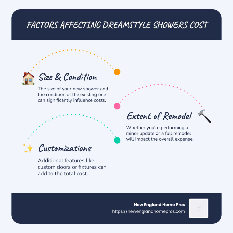 Breakdown of dreamstyle shower costs with factors included - dreamstyle showers cost infographic infographic-line-3-steps-blues-accent_colors