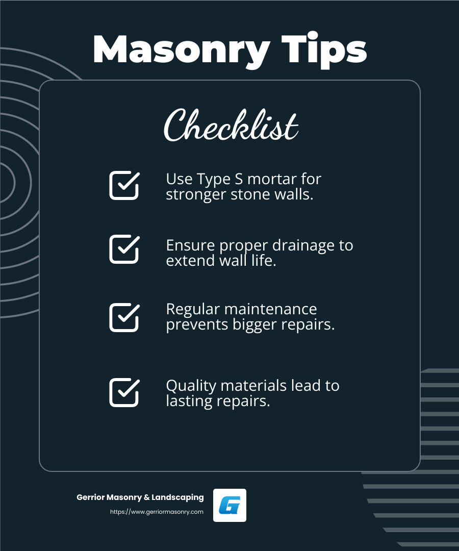 Stone by Stone: Repairing Your Mortar Rock Wall with Ease 4 Gerrior Masonry & Landscaping - Your trusted partner for masonry excellence - how to repair mortar rock wall infographic checklist-dark-blue