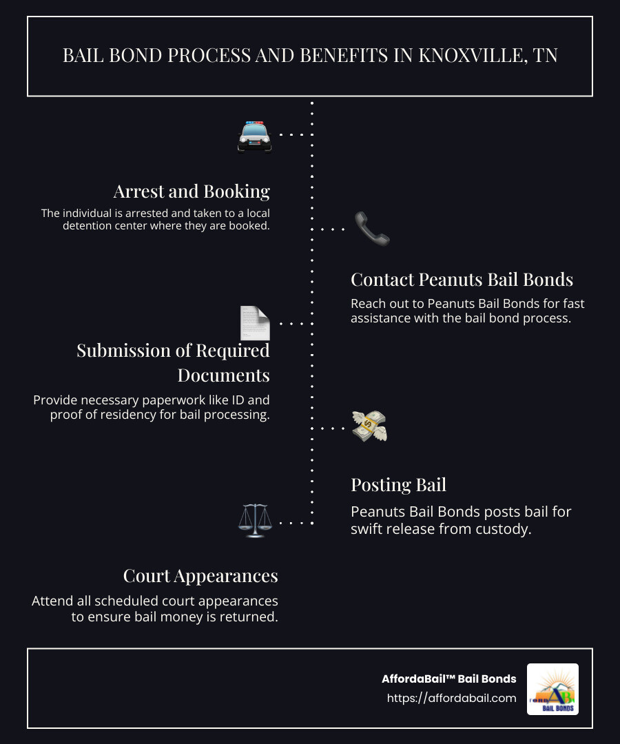Infographic explaining the bail bond process in Knoxville and Tennessee's main metropolitan areas, featuring important steps and benefits, such as fast service, experienced agents, flexible payments, and availability across the state - peanuts bail bonds knoxville tn infographic infographic-line-5-steps-dark