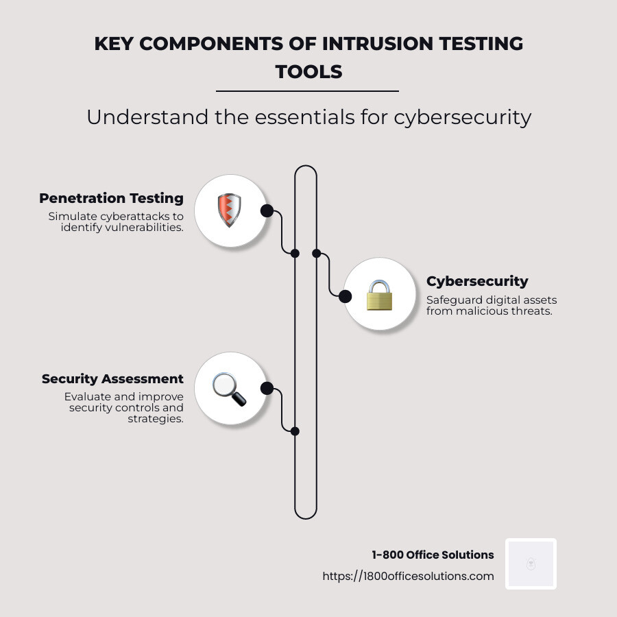 Detailed infographic showing an overview of various intrusion testing tools including their features and use cases, such as penetration testing, cybersecurity safeguarding, and security assessment - intrusion testing tools infographic infographic-line-3-steps-neat_beige
