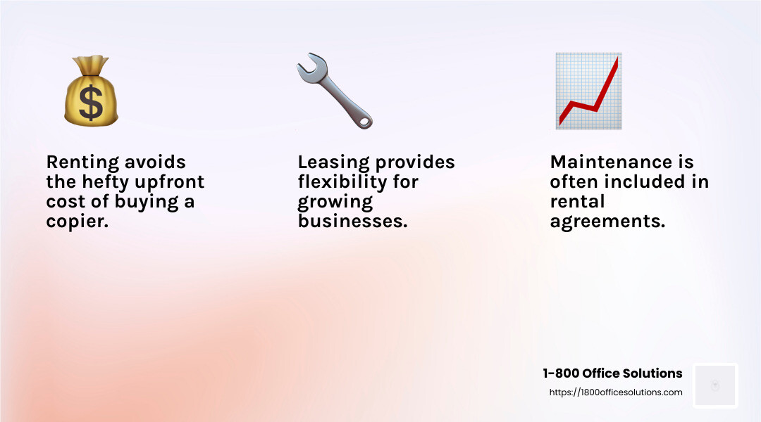 Renting a copier can reduce upfront costs significantly compared to purchasing. - copier machine rentals infographic 3_facts_emoji_light-gradient
