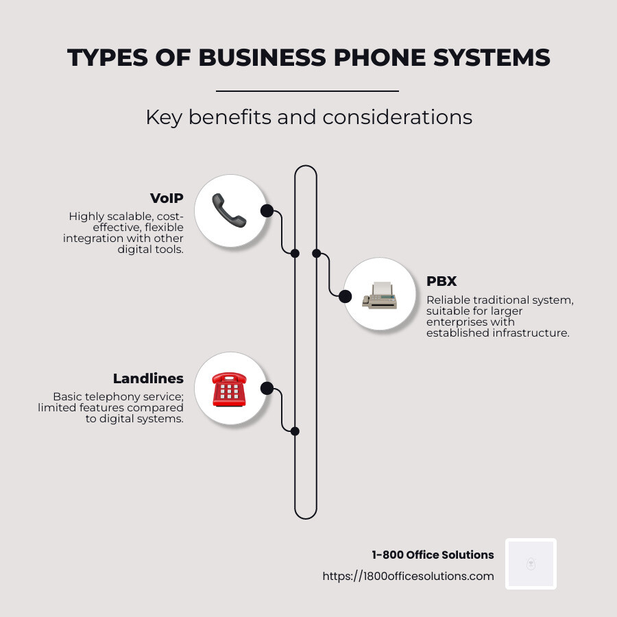 Infographic showing types of business phone systems: VoIP, PBX, and landlines, with pros and cons of each - business phone systems infographic infographic-line-3-steps-neat_beige