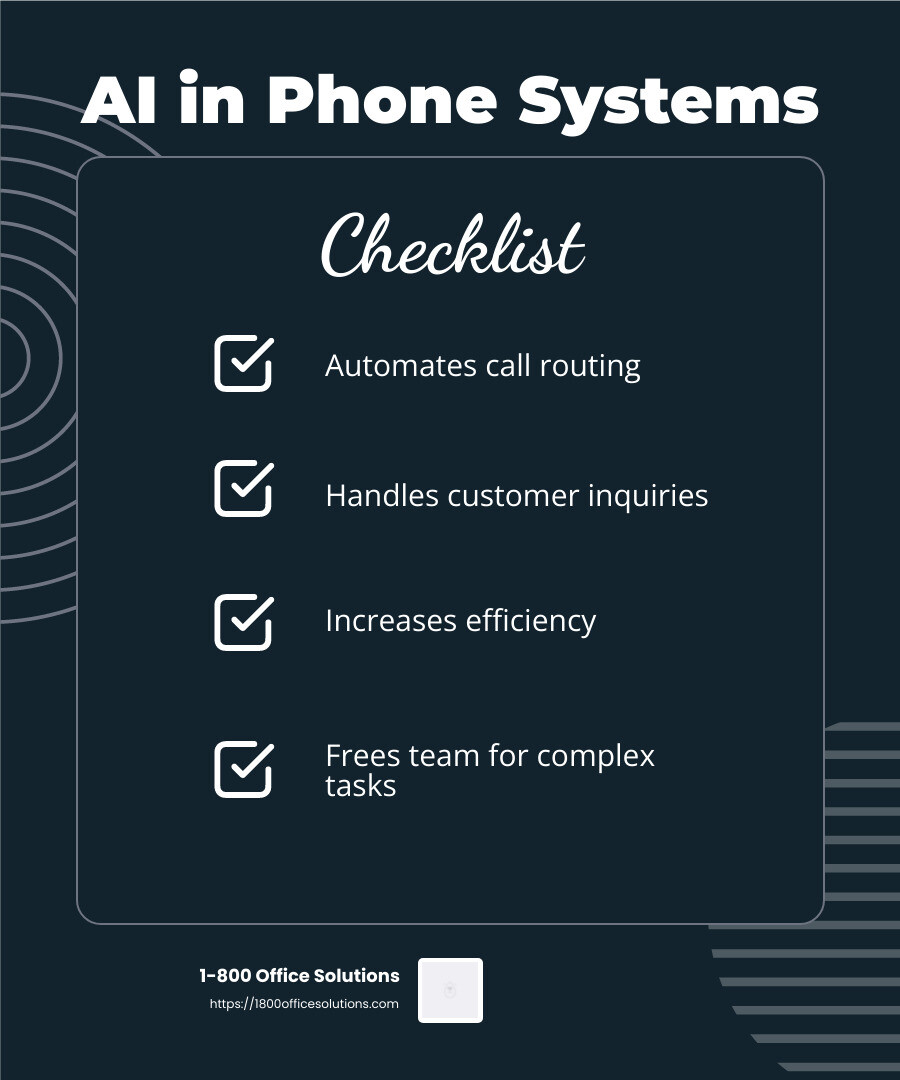 AI-powered phone systems can improve efficiency by handling routine inquiries, allowing employees to focus on more important tasks. - business phone systems infographic checklist-dark-blue