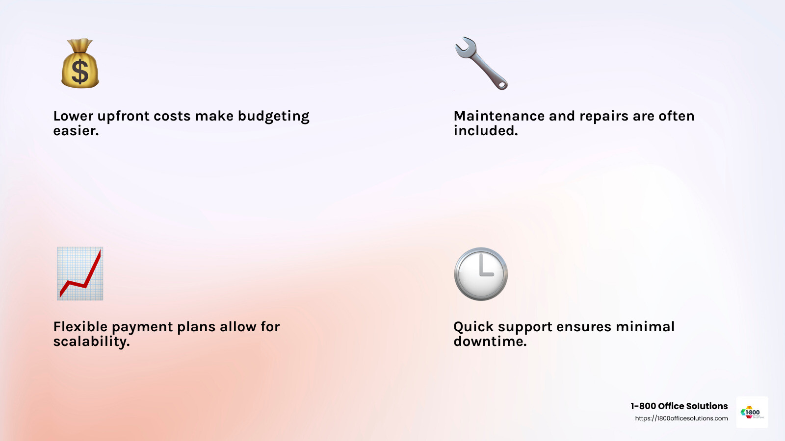 A quote about the benefits of maintenance included in rental agreements - commercial printer rental infographic 4_facts_emoji_light-gradient