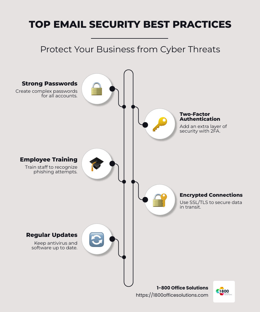 Infographic showing key email security measures like 2FA, training, encryption, updates - Email security best practices infographic infographic-line-5-steps-neat_beige Infographic showing key email security measures like 2FA, training, encryption, updates - Email security best practices infographic infographic-line-5-steps-neat_beige