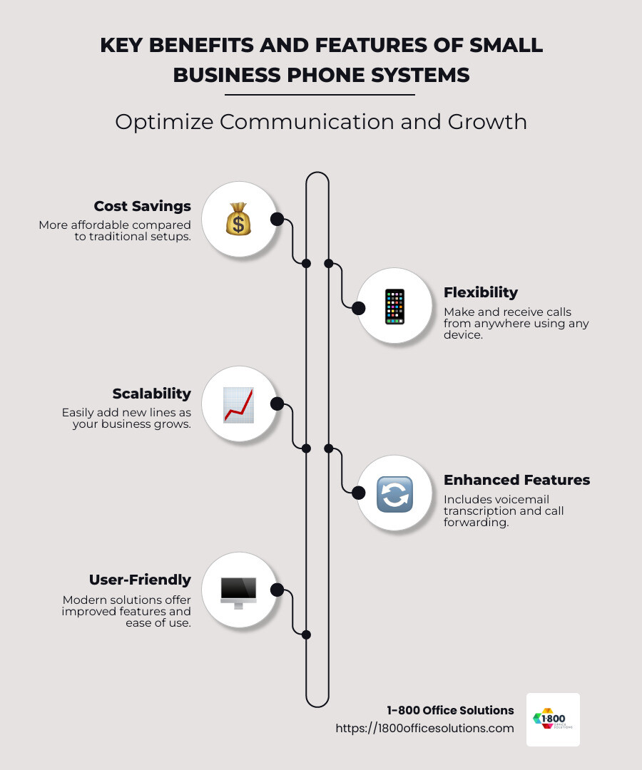 Infographic highlighting key benefits and features of small business phone systems: cost savings, flexibility, scalability, improved features like voicemail transcription and call forwarding - small business phone system infographic infographic-line-5-steps-neat_beige