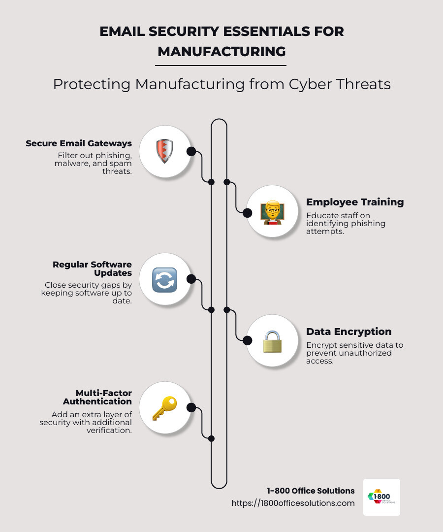 Infographic showing manufacturing email security essentials, including secure email gateways, employee training, and software updates - Email security for manufacturing infographic infographic-line-5-steps-neat_beige
