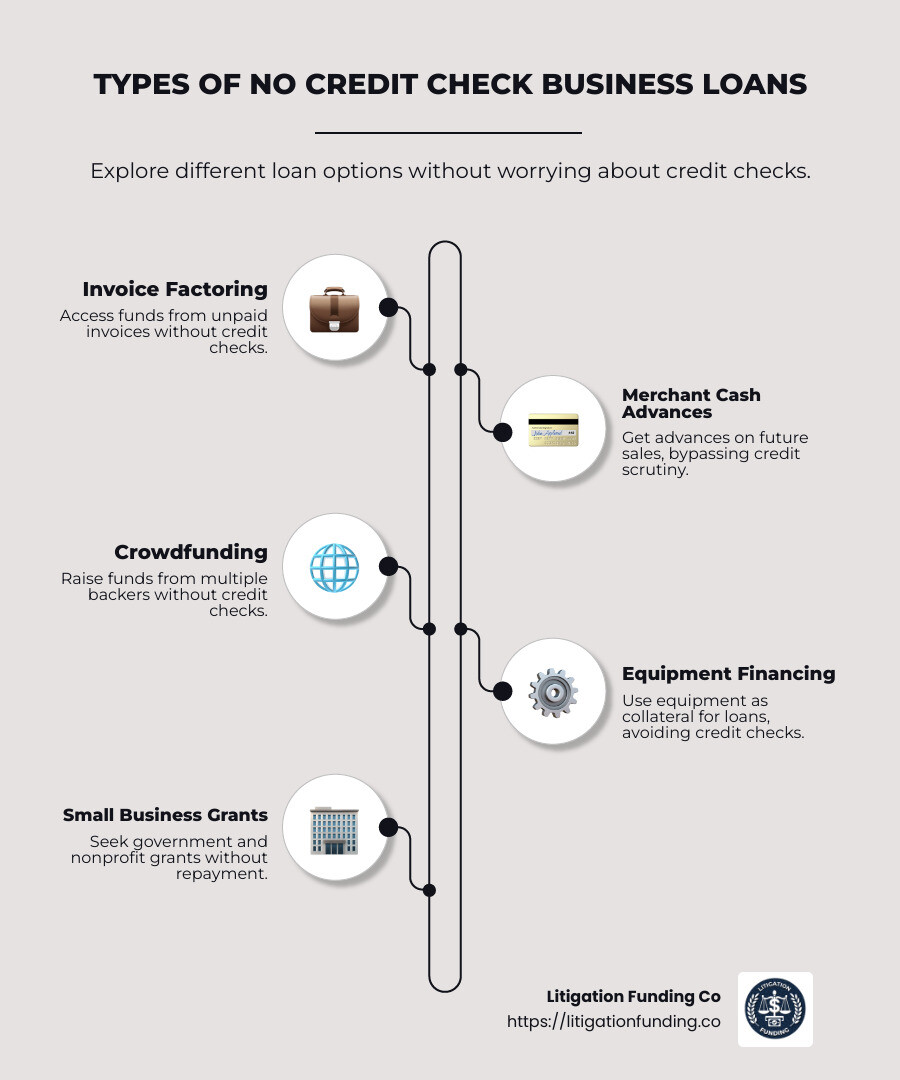 Infographic detailing types of business loans no credit check including invoice factoring, merchant cash advances, crowdfunding, equipment financing, and small business grants, with benefits and potential drawbacks for each - business loans no credit check infographic infographic-line-5-steps-neat_beige
