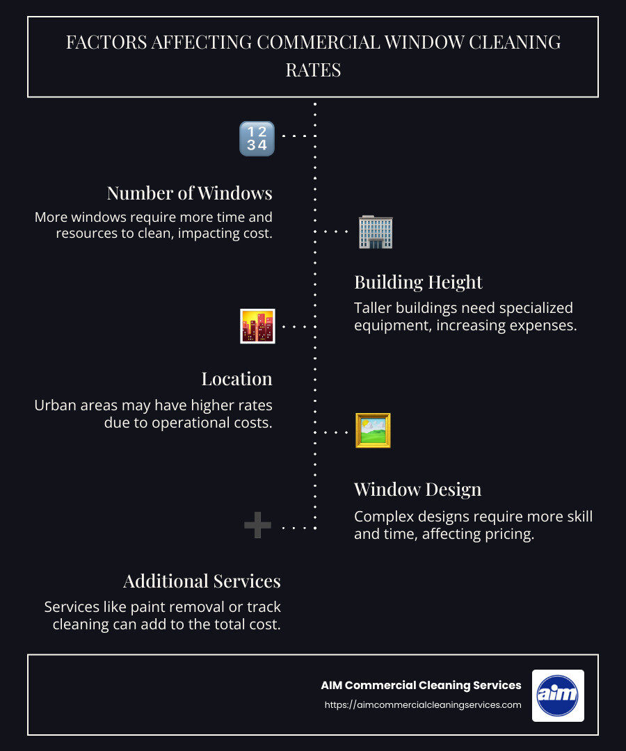 Infographic on factors affecting commercial window cleaning rates - commercial window cleaning rates infographic infographic-line-5-steps-dark