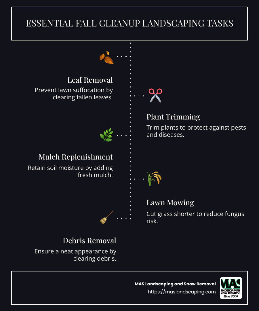 Detailed infographic showing essential fall cleanup landscaping tasks, including leaf removal, plant trimming, mulch replenishment, and lawn mowing to prepare for winter and ensure a lush spring - fall clean up landscaping infographic infographic-line-5-steps-dark