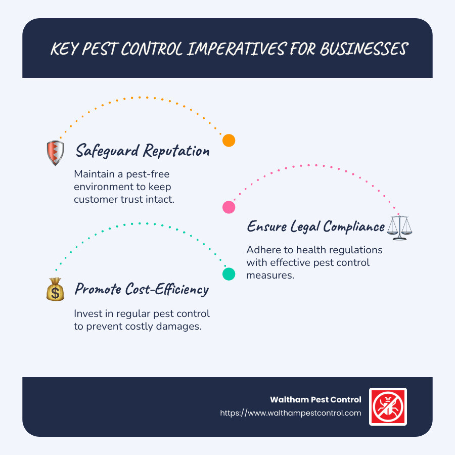 Infographic detailing key pest control imperatives for businesses: reputation, legal compliance, cost-efficiency, and proactive measures - Commercial pest control Belmont infographic infographic-line-3-steps-blues-accent_colors