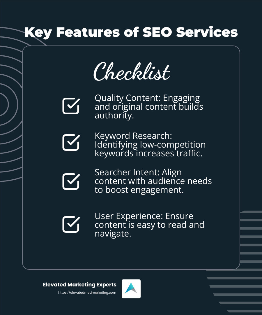 Visual content improves user engagement and SEO by increasing time spent on a page and reducing bounce rates. - seo content creation service infographic checklist-dark-blue