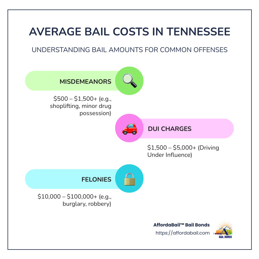 Infographic showing average bail costs for common offenses in Tennessee, details include misdemeanors at $500-$1,500+, DUIs at $1,500-$5,000+, nonviolent felonies at $10,000-$25,000+, and violent felonies at $25,000-$100,000+ - how much does a bail cost infographic infographic-line-3-steps-colors