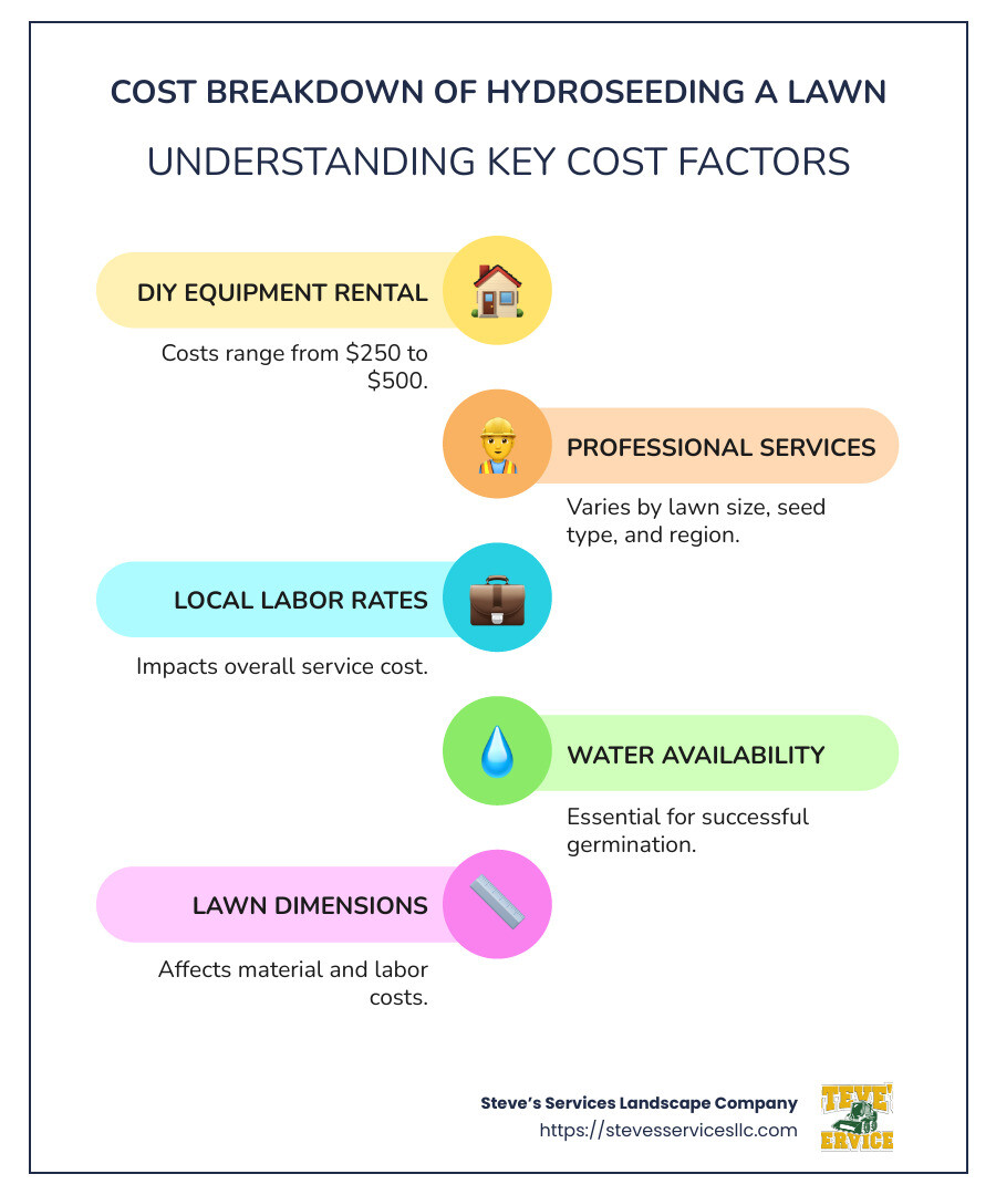 Infographic showing cost of hydroseeding a lawn: DIY equipment rental $250-$500, professional costs vary by lawn size, seed, region, factors like local labor rates, water availability - cost of hydroseeding a lawn infographic infographic-line-5-steps-colors