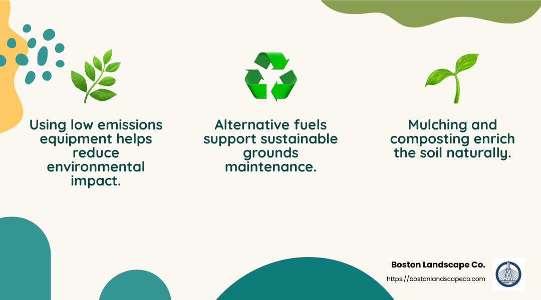 Grounds maintenance companies use sustainable practices like low emissions equipment and composting. - grounds maintenance companies infographic 3_facts_emoji_nature