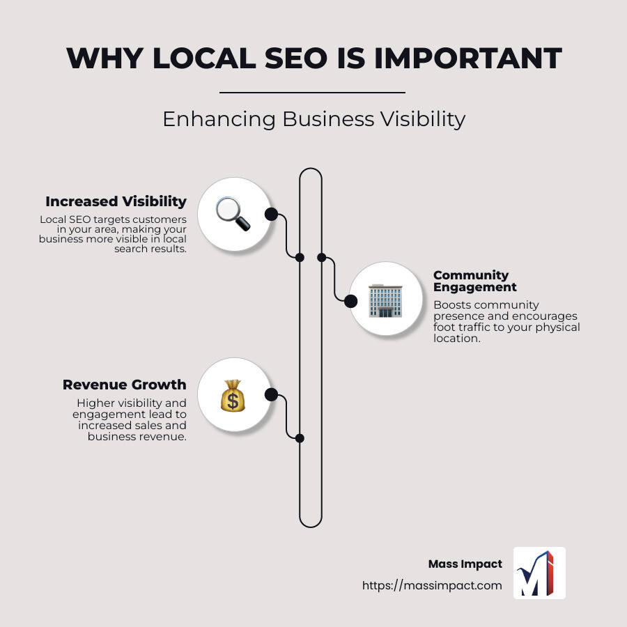 Infographic detailing benefits of local SEO including increased visibility, traffic, and community presence - seo company near me infographic infographic-line-3-steps-neat_beige