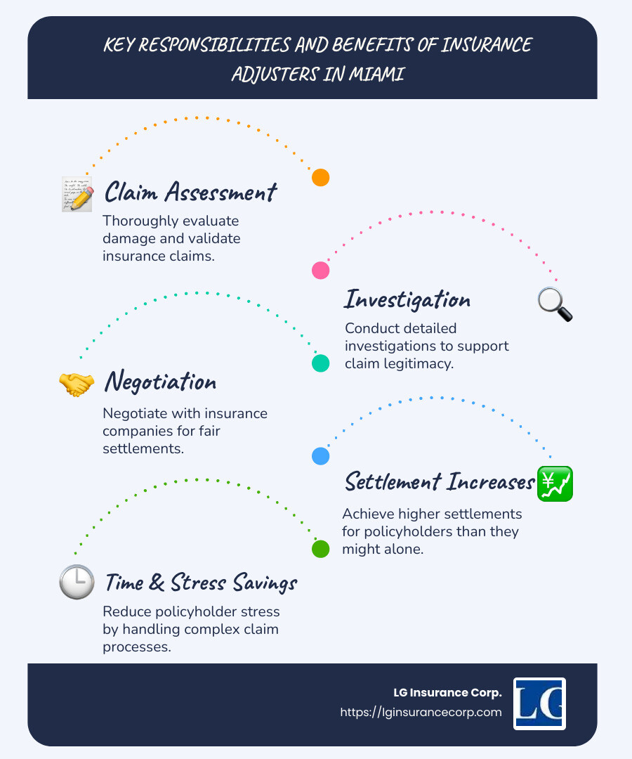 Infographic showing key responsibilities and benefits of insurance adjusters in Miami, including claim assessments, negotiations, settlement increases, and time savings for policyholders - insurance adjusters miami infographic infographic-line-5-steps-blues-accent_colors