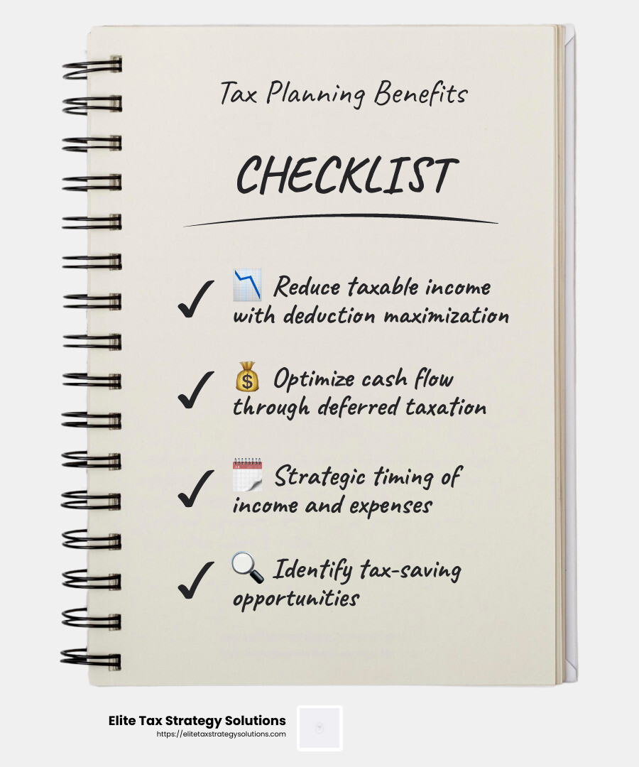 Proactive tax planning can reduce tax liabilities by up to 30% for businesses implementing strategic tax-saving measures. - Tax management services infographic checklist-notebook