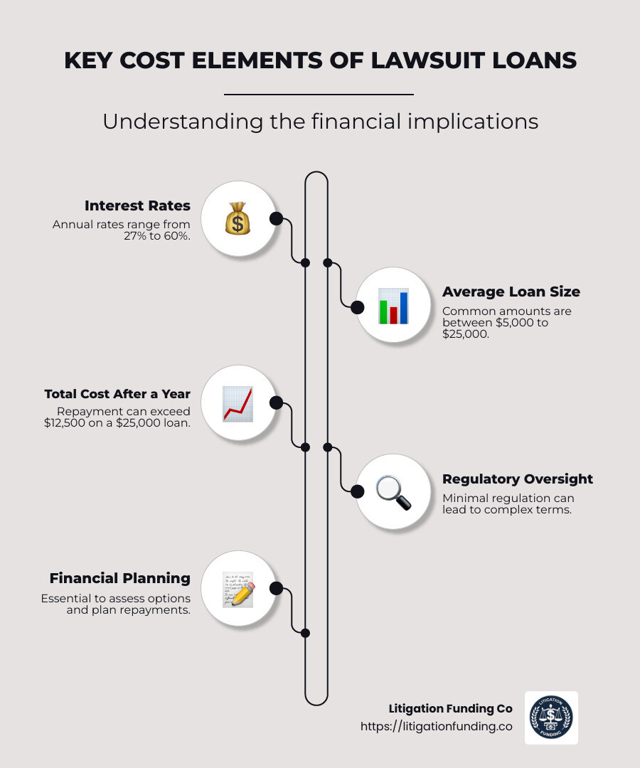 Infographic showing cost elements of lawsuit loans: Interest Rates, Average Loan Size, Total Cost after one year - how much do lawsuit loans cost infographic infographic-line-5-steps-neat_beige