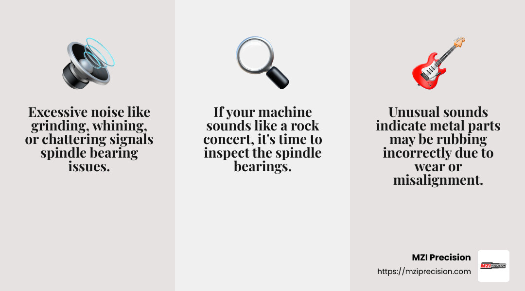 Unusual noises like grinding or screeching can indicate spindle issues. - how to check lathe spindle bearings infographic 3_facts_emoji_grey